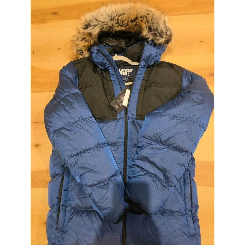 Lands' End 600 Fill Down Puffer Jacket Men's Small Blue Black Faux Fur Hood NWT